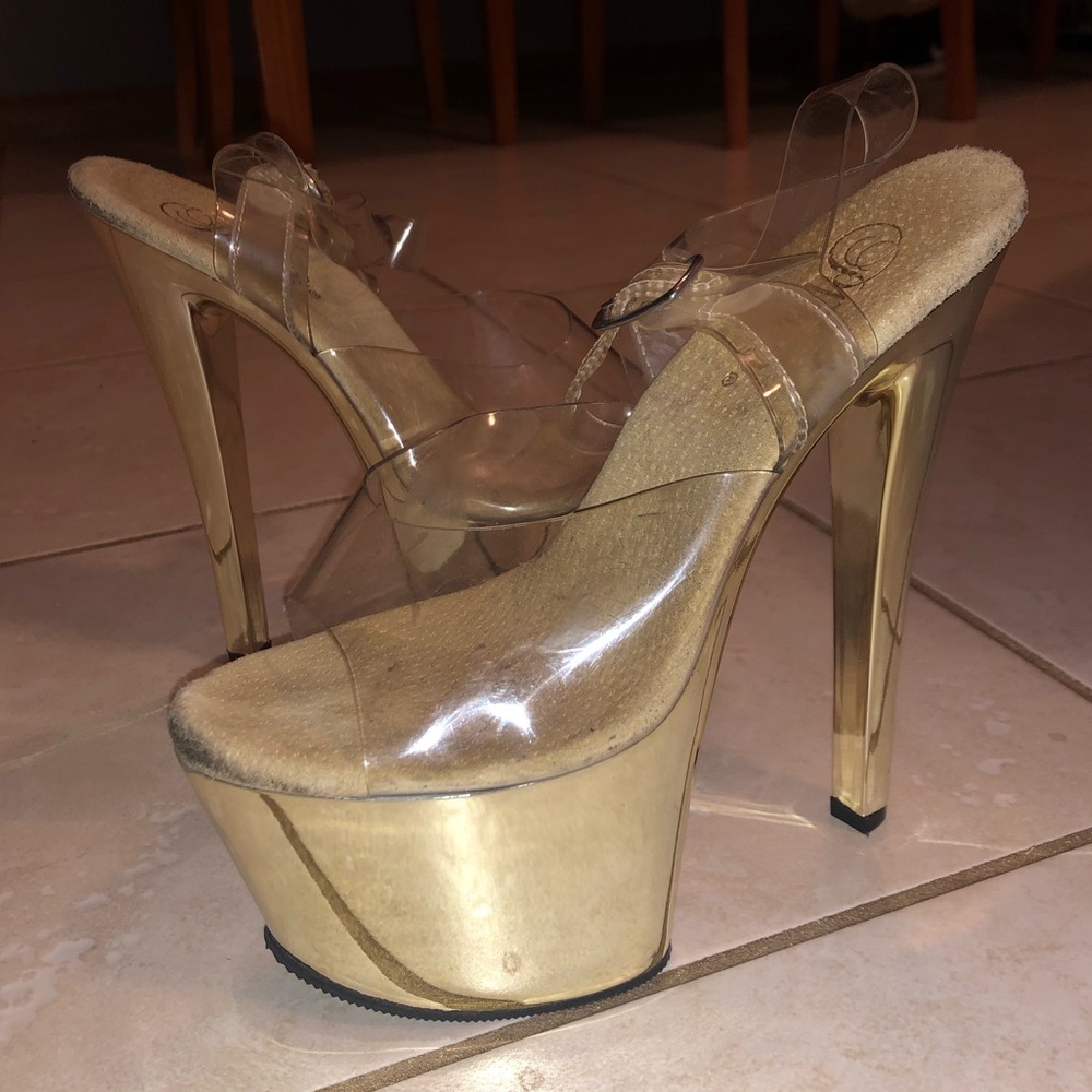 Used Pleaser Adore 708 Gold Chrome 7” Heels sz 7